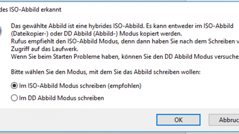 Linux neben Windows 10: Hybrides ISO-Abbild erkannt Rufus-Fenster Hybrides ISO-Abbild erkannt