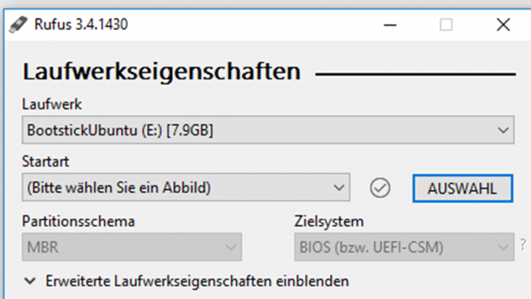 Linux neben Windows 10: Laufwerkseigenschaften Rufus-Fenster mit Einstellungen zum Laufwerk