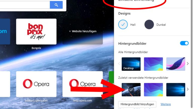 Opera Hintergrundbild auswählen Screenshot