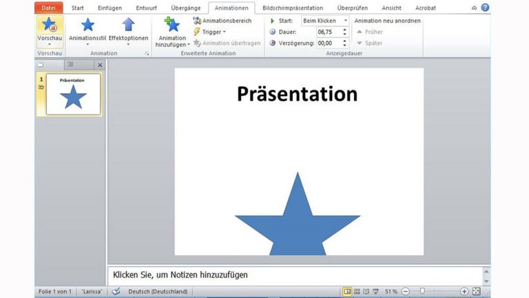 PowerPoint-Eingangseffekt: Ein Stern fliegt ein