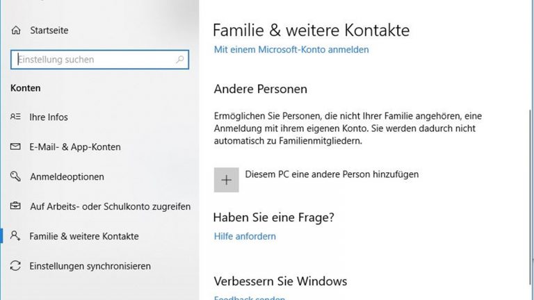 Windows-10-Gastkonto erstellen: In den Einstellungen auf das Pluszeichen klicken