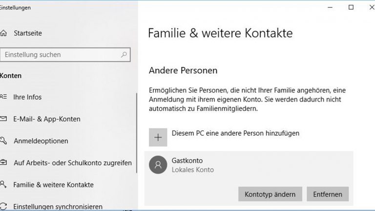 Windows-10-Gastkonto löschen: In der Home-Version auf Entfernen klicken