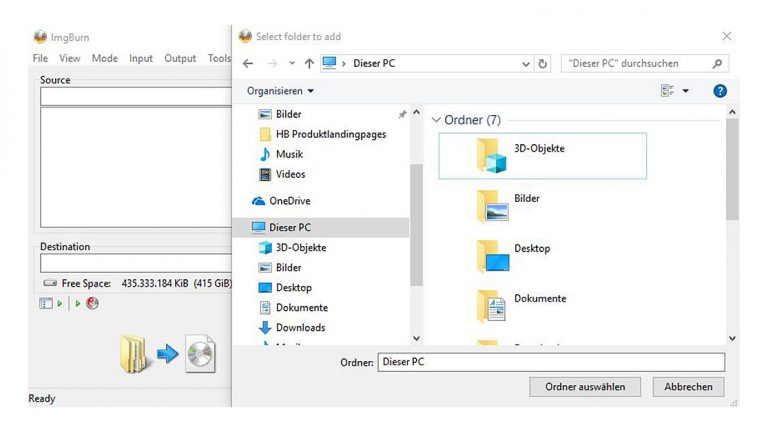 Windows 10 ISO erstellen: Bei ImgBurn Daten für ISO-Datei auf dem Rechner suchen