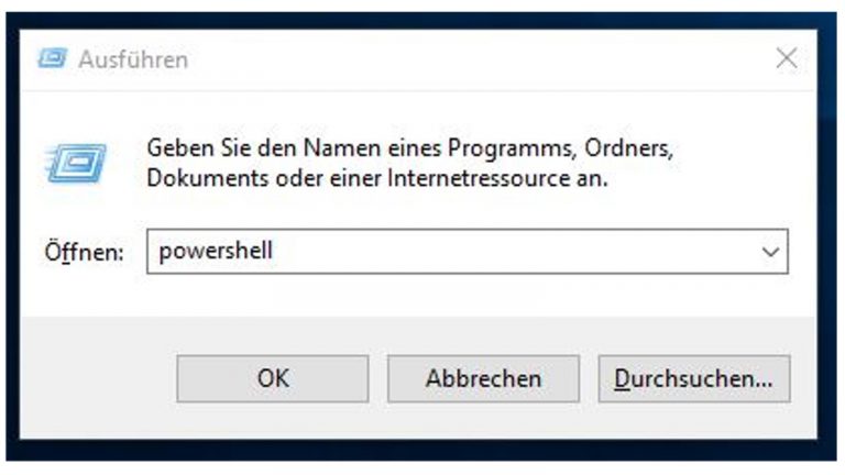 Windows-10-Key auslesen: Powershell Ausführen-Fenster mit PowerShell-Eintrag