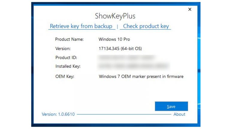 Windows-10-Key auslesen: ShowKeyPlus Fenster mit ShowKeyPlus und angezeigten Keys