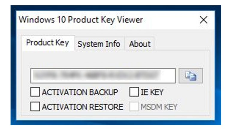 Fenster des Windows 10 Product Key Viewer