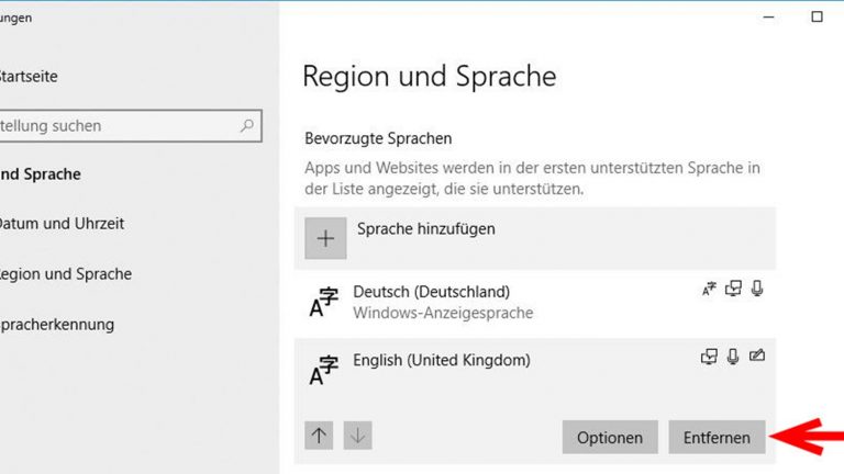 Windows 10 Sprache ändern: Löschen einer Sprache über den Button Entfernen
