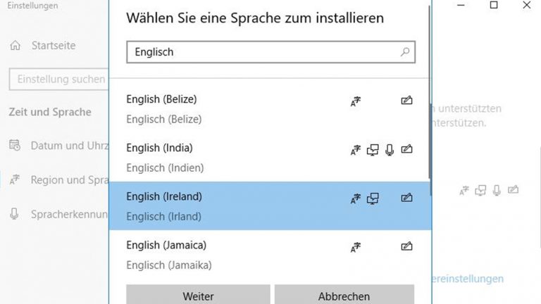 Windows 10 Sprache ändern: Zum Wechseln der Anzeigesprache eine Sprache mit A davor wählen
