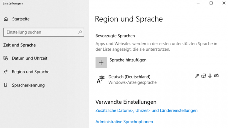 Windows 10 Sprache ändern: Sprache hinzufügen über das Plus-Zeichen