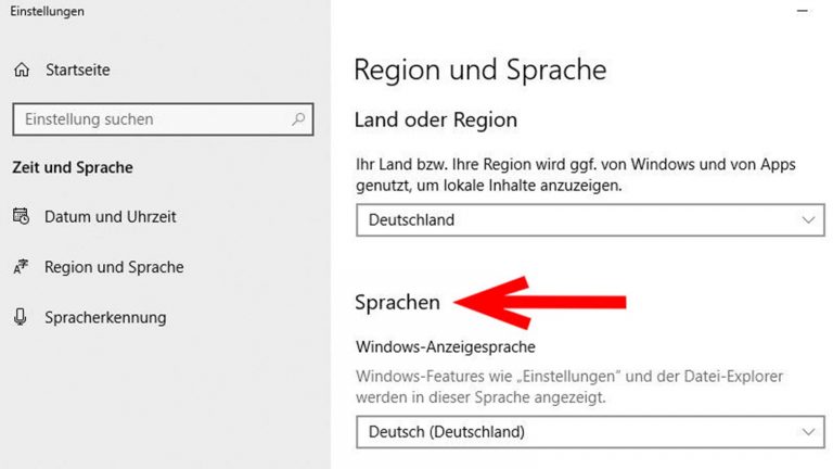 Windows 10 Sprache ändern: Im Menü Region und Sprache die gewünschte Sprache auswählen