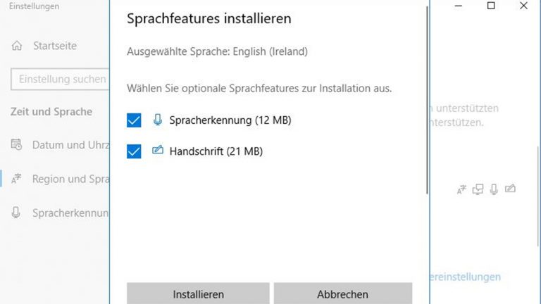 Windows 10 Sprache ändern: Sprachfeatures auswählen durch Häkchen