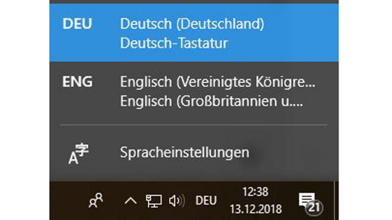Windows 10 Sprache ändern: Eingabesprache ändern mit einem Klick auf beispielsweise Deutsch