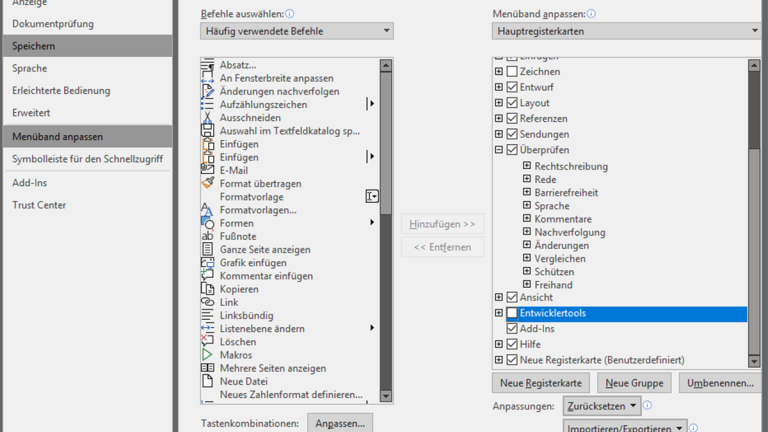 Word-Formular erstellen: Entwicklertools Word-Fenster mit Hauptregisterkarten, Entwicklertools