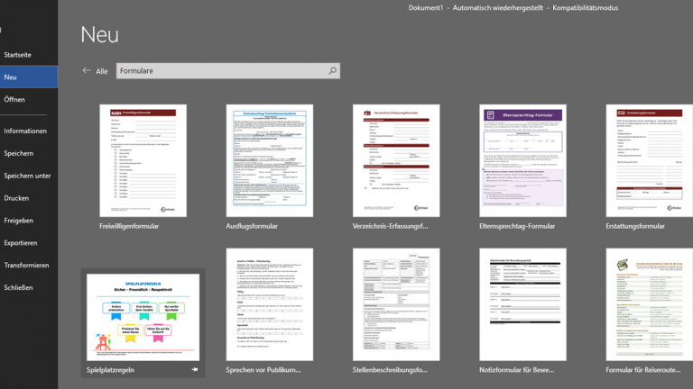 Word-Formular erstellen: Formularvorlagen Word-Fenster mit Formularvorlagen