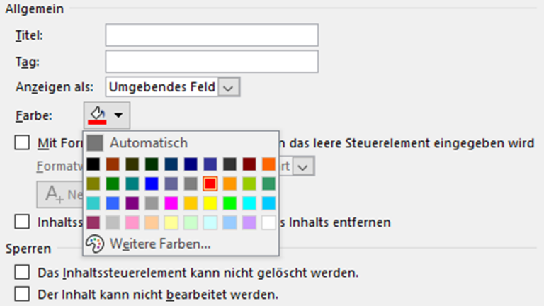Word-Formular erstellen: Eigenschaften Farbe Word-Fenster mit Drop-down-Menü Farbe