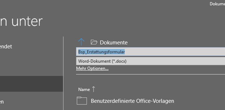 Word-Formular erstellen: Speichern Word-Fenster mit Dialogfeld Speichern unter