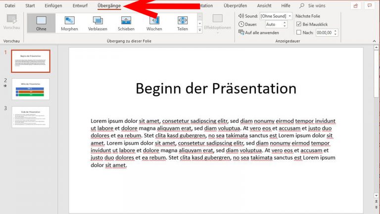 PowerPoint-Folienübergänge: Im Menü unter Übergänge zu finden