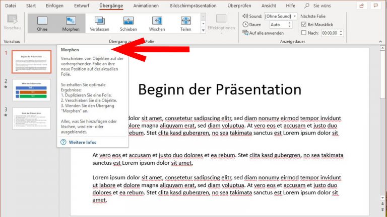 PowerPoint-Folienübergänge: Mouse-over-Text zeigt Eigenschaften