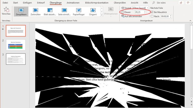 PowerPoint-Folienübergänge: Zersplittern einsetzen und bearbeiten