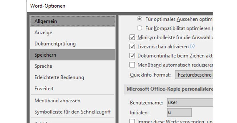 Word-Fenster Word-Optionen Speichern