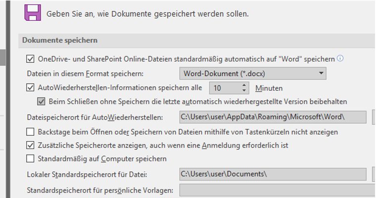 Word-Fenster Word-Optionen Dokument Speichern