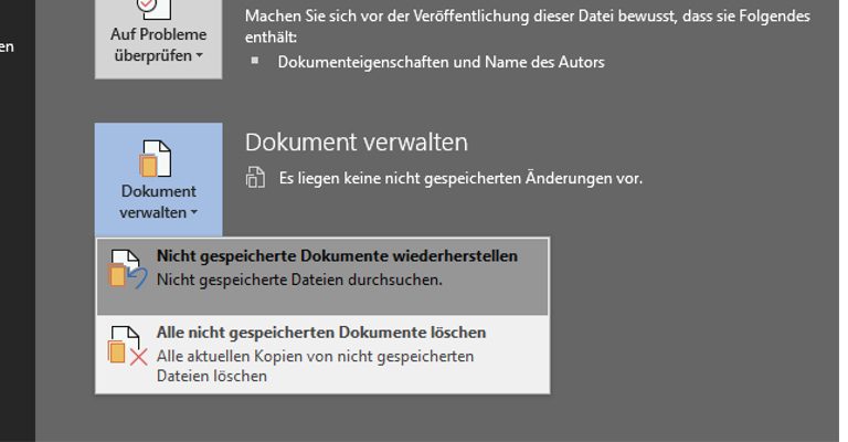 Word-Fenster Informationen, Dokument verwalten, Kontextmenü