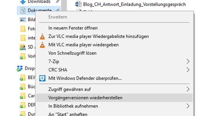 Windows-Fenster Explorer, Dokumente, Kontextmenü