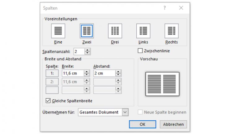 Flyer erstellen: Spalten Abstand Word-Fenster Spalten