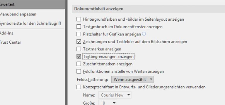 Flyer erstellen: Textbegrenzungen anzeigen Word-Fenster Optionen Auswahl Textbegrenzungen anzeigen