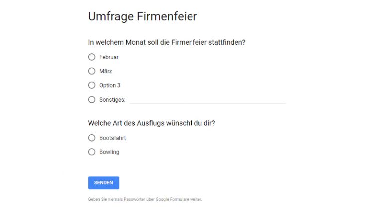 Google-Docs-Fenster: Umfrage senden