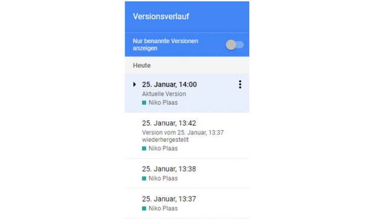 Google Docs erstellen: Versionsverlauf Google-DocFenster mit Versionsverlauf