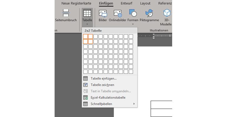 Word-Fenster Tabellen Kontextmenü