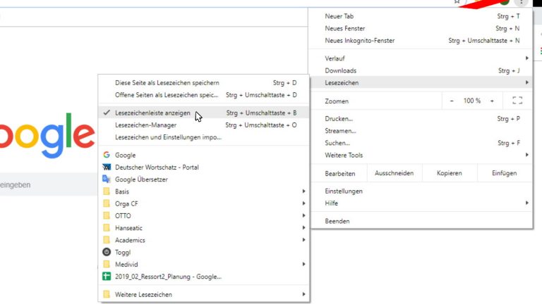Chrome Lesezeichen wieder einblenden Screenshot