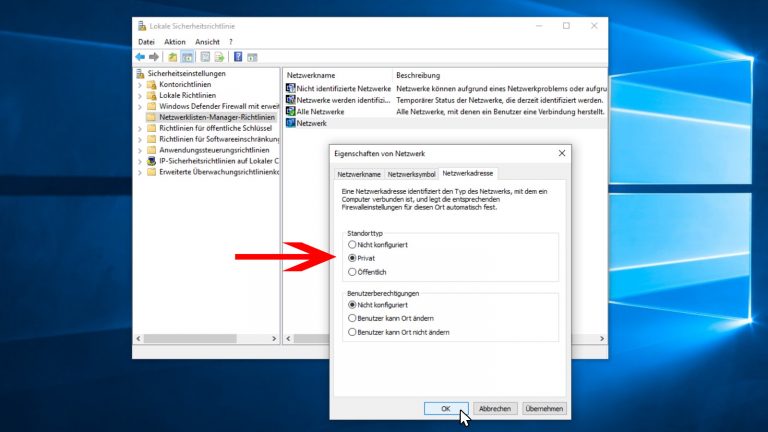 Windows 10 Netzwerktyp ändern über Lokale Sicherheitsrichtlinie Screenshot