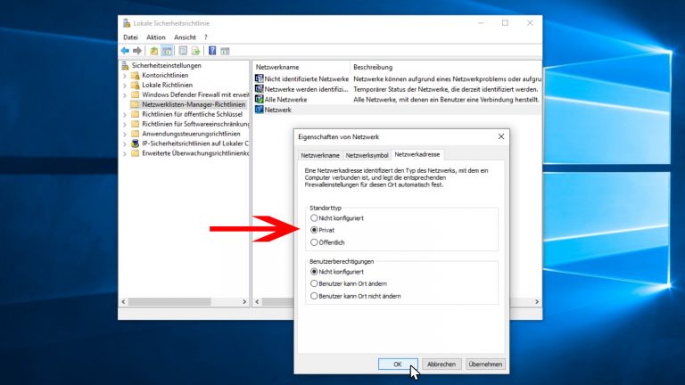 Netzwerktyp ändern: Lokale Sicherheitsrichtlinie Windows 10 Netzwerktyp ändern über Lokale Sicherheitsrichtlinie Screenshot