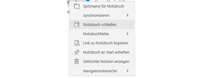 OneNote linke Spalte Notizbuch Kontextmenü