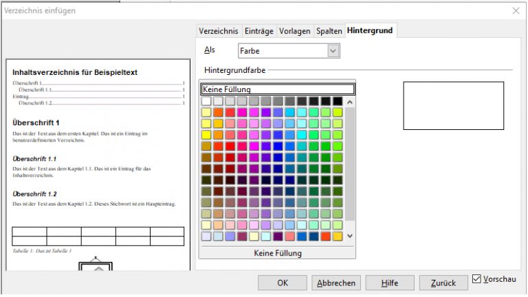 OpenOffice Inhaltsverzeichnis: Hintergrund Open-Office-Fenster Verzeichnis einfügen, Hintergrund