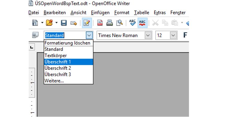 OpenOffice Inhaltsverzeichnis: Überschrift 1 Open-Office-Fenster mit Auswahl Überschrift 1