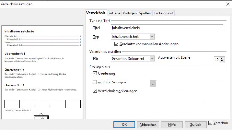 OpenOffice Inhaltsverzeichnis: Verzeichnis einfügen Open-Office-Fenster Verzeichnis einfügen