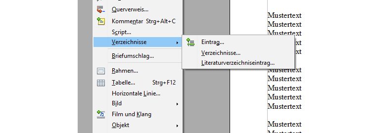 OpenOffice Inhaltsverzeichnis: Verzeichnisse Open-Office-Fenster Einfügen, Verzeichnisse