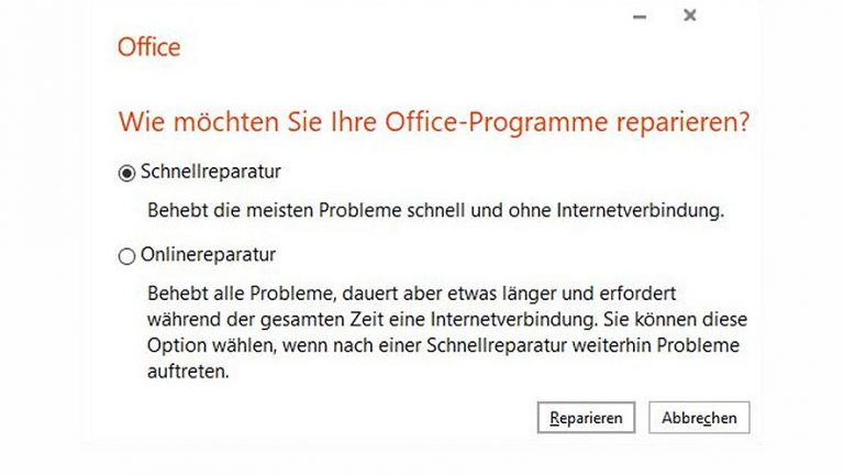 Schnell- oder Onlinereparatur von Microsoft Outlook nutzen