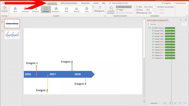 PowerPoint Zeitstrahl animieren PowerPoint-Zeitstrahl: Als Animation in die Folie einfliegen lassen
