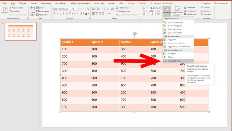 PowerPoint: Tabelle animieren - Auswahlbereich PowerPoint Tabelle animieren: Auswahlbereich festlegen