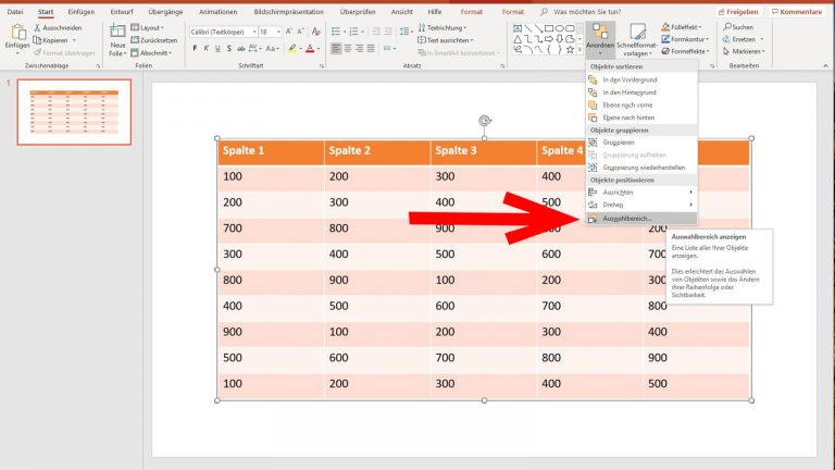 PowerPoint Tabelle animieren: Auswahlbereich festlegen