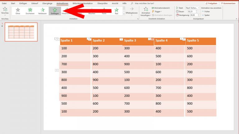 PowerPoint: Tabelle animieren - Einfliegen