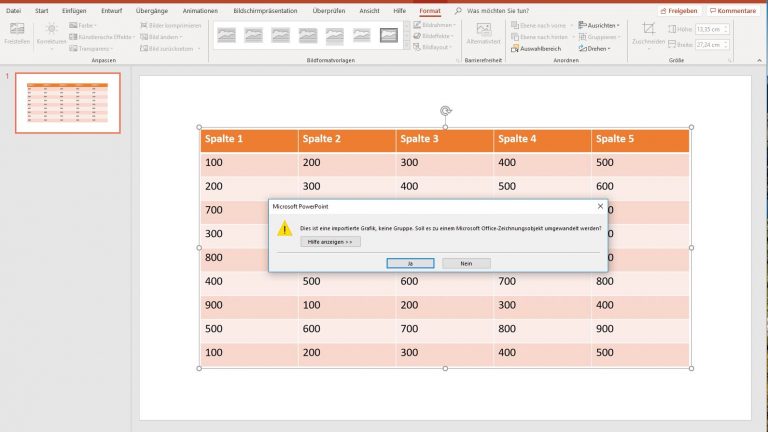 PowerPoint: Tabelle animieren - Gruppierung aufheben bestätigen PowerPoint Tabelle animieren: Aufheben der Gruppierung bestätigen