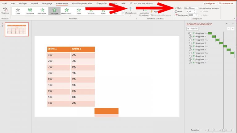 PowerPoint Tabelle animieren: Animation nach vorheriger ablaufen lassen