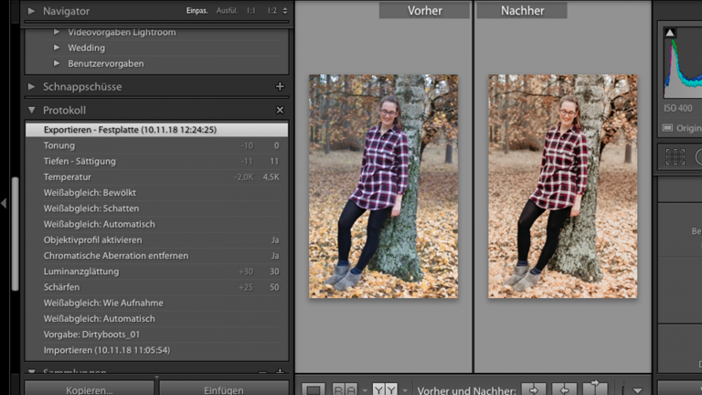 Das Bearbeitungsprotokoll bei Lightroom zeigt die verschiedenen Schritte der Bildbearbeitung an