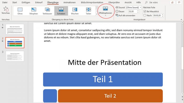 PowerPoint-Folienübergänge: Beim Effekt Schieben die Effektoptionen nutzen