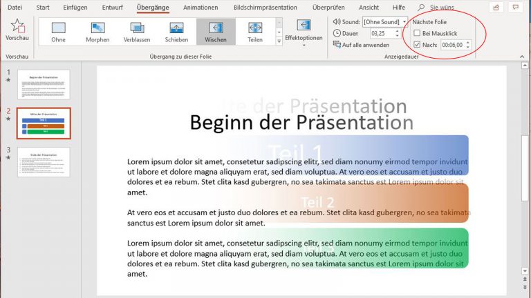 PowerPoint-Folienübergänge: Wischen automatisieren über den Punkt Nächste Folie